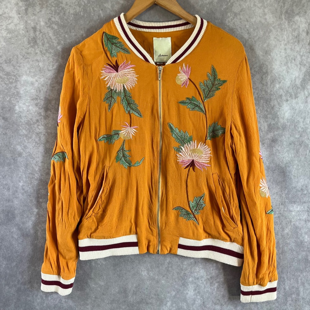 Elevenses Bomber Jacket Women Large Yellow Floral Embroider Zip Up Anthropologie